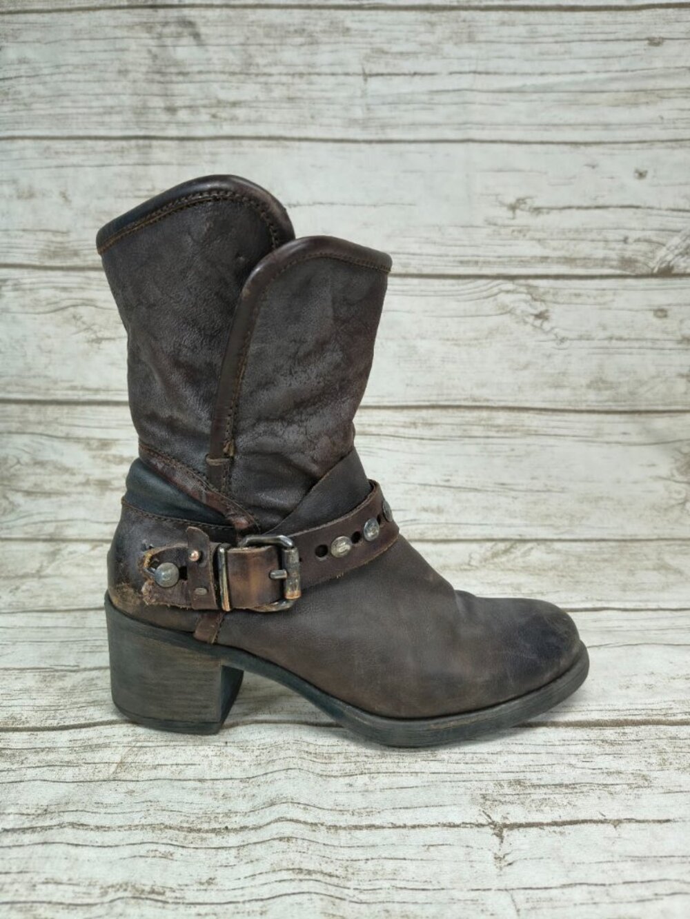 Steve Madden Brown Distressed Leather Studded Harness Boots Size 38